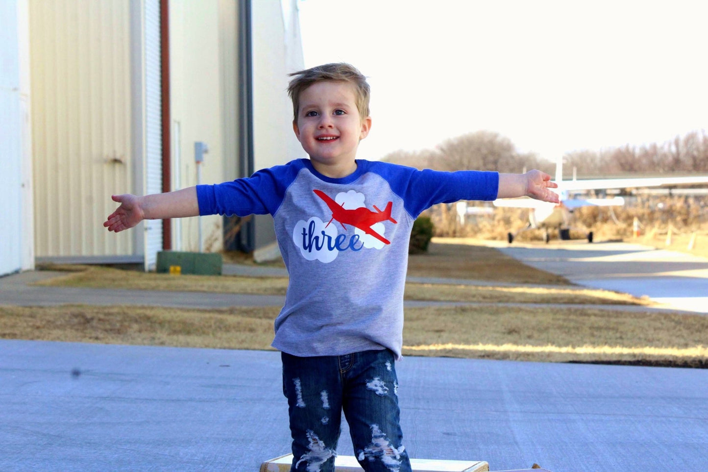 3rd Birthday Airplane Shirt, Air Plane Birthday Party Tee, Gift for 3 Year old Boy - Purple Elephant MS