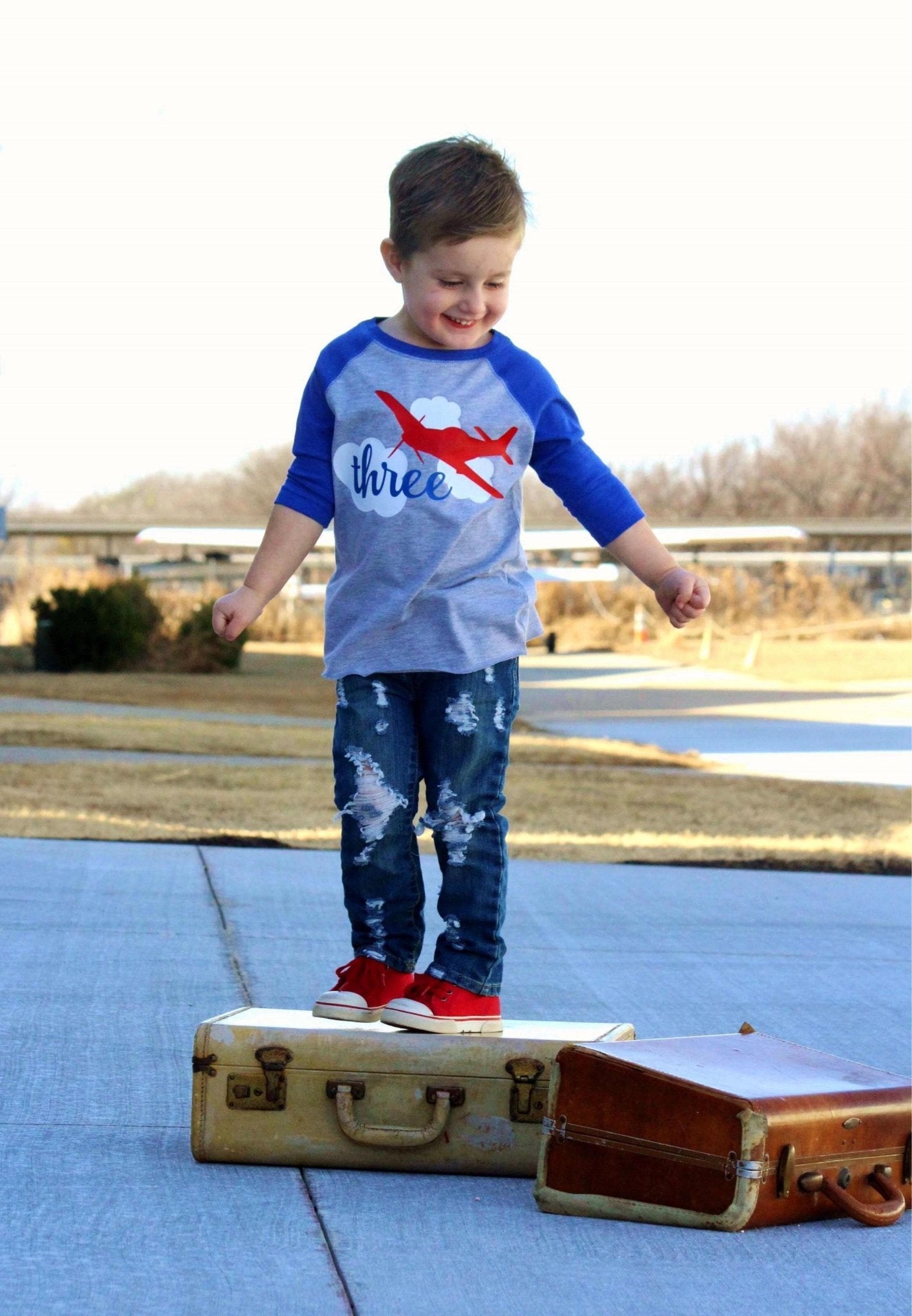 3rd Birthday Airplane Shirt, Air Plane Birthday Party Tee, Gift for 3 Year old Boy - Purple Elephant MS