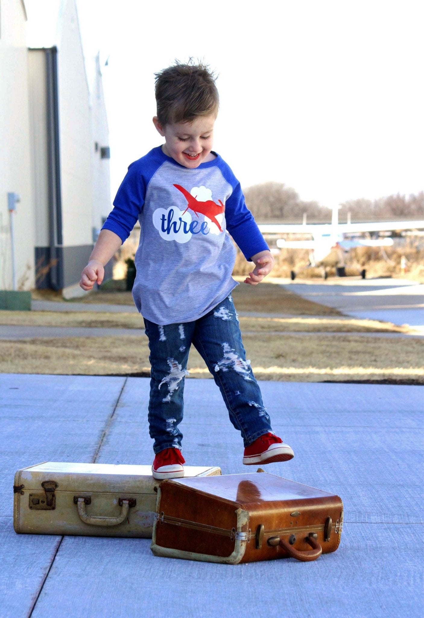 3rd Birthday Airplane Shirt, Air Plane Birthday Party Tee, Gift for 3 Year old Boy - Purple Elephant MS