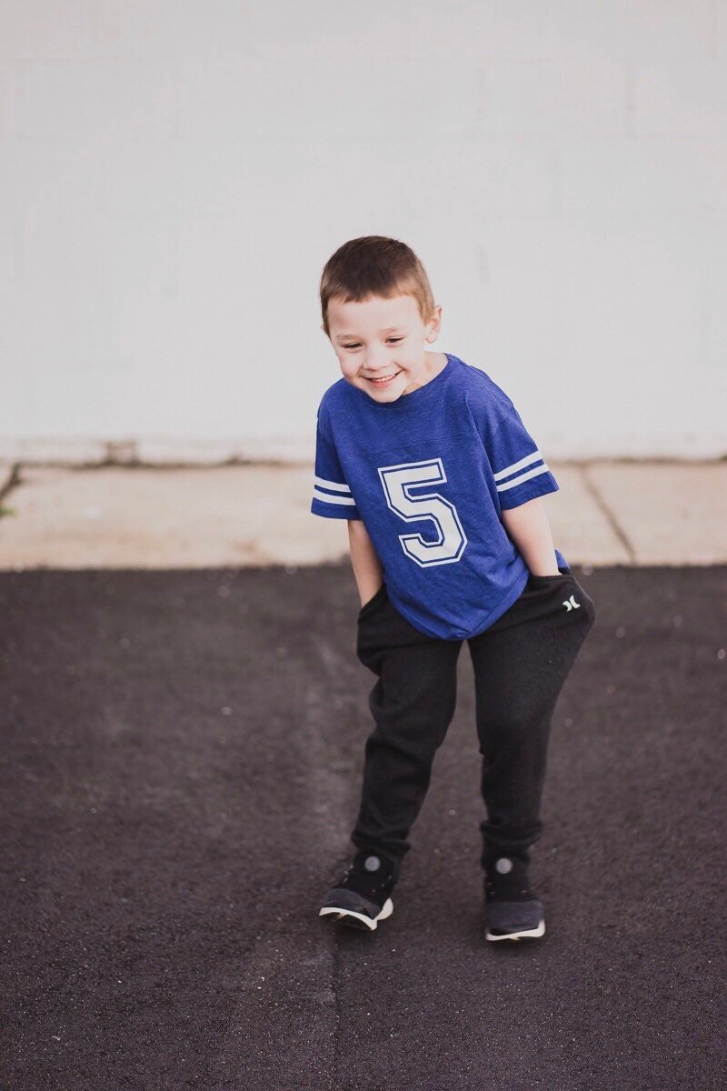 5th Birthday Football shirt, Sports Party Shirt, Gifts for older boys, Sports Jersey Style Shirt, Kids Football Tee - Purple Elephant MS