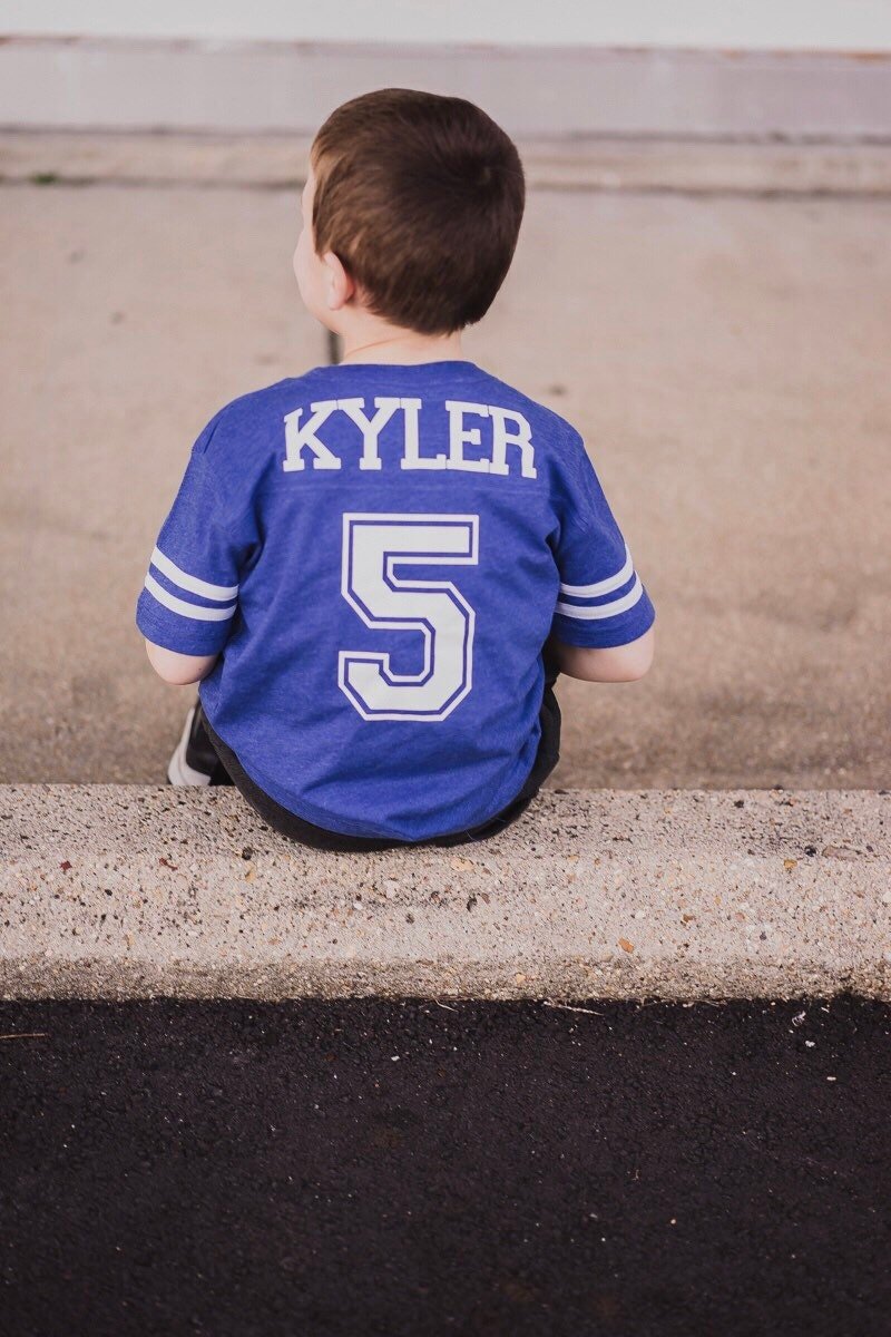 5th Birthday Football shirt, Sports Party Shirt, Gifts for older boys, Sports Jersey Style Shirt, Kids Football Tee - Purple Elephant MS