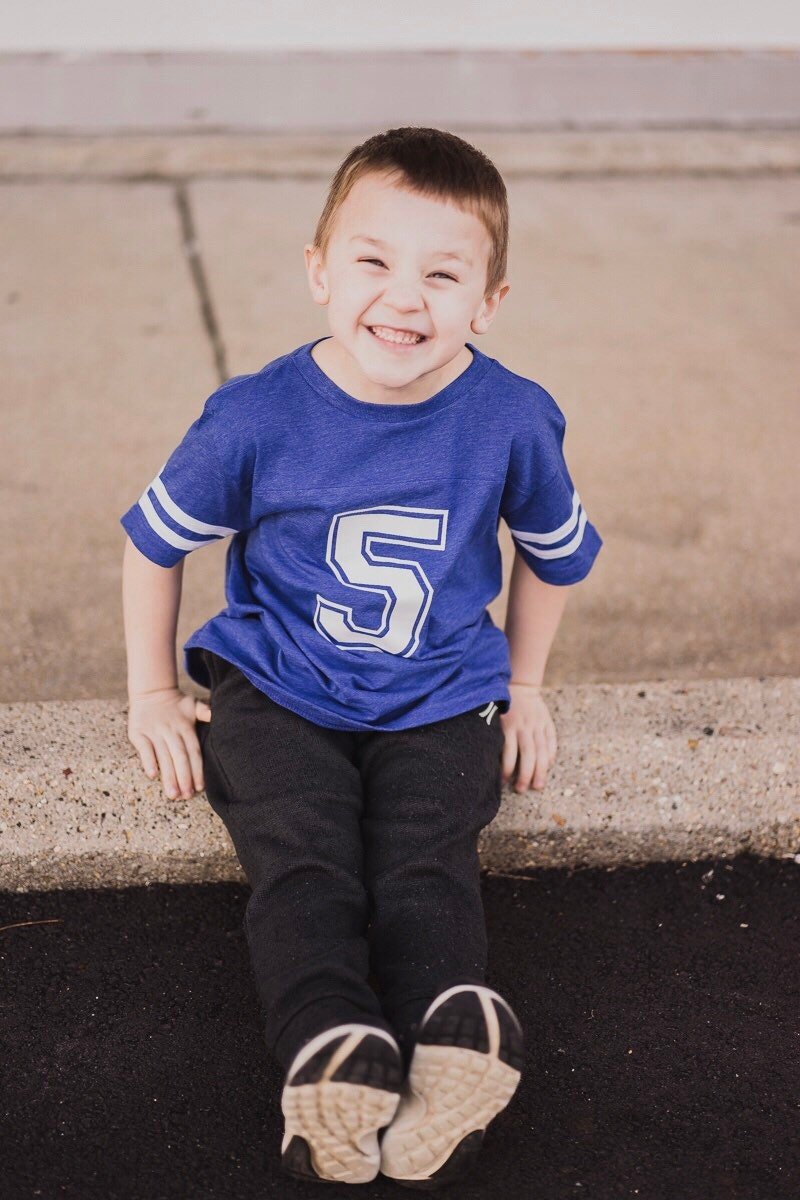 5th Birthday Football shirt, Sports Party Shirt, Gifts for older boys, Sports Jersey Style Shirt, Kids Football Tee - Purple Elephant MS