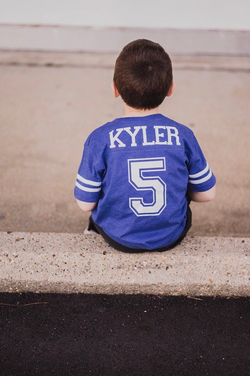 5th Birthday Football shirt, Sports Party Shirt, Gifts for older boys, Sports Jersey Style Shirt, Kids Football Tee - Purple Elephant MS