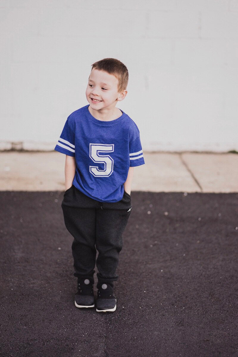 5th Birthday Football Jersey Shirt – Youth Sports Birthday Tee – Custom Name & Number – Fifth Birthday Football Party Outfit