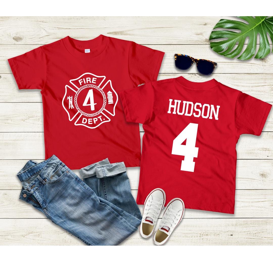 4th Birthday Fireman Shirt with Name | Personalized Firefighter Birthday Tee | Custom Age Back Print | Kids Fire Truck Party Shirt