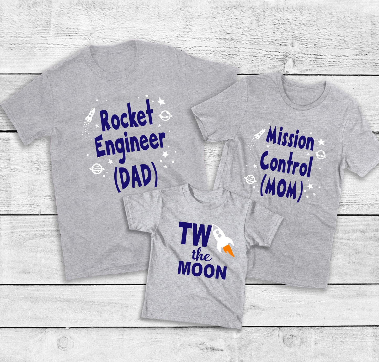 Matching Family Space Theme Birthday Shirts - "TWO the Moon" 2nd Birthday Outfits for Mom, Dad & Toddler