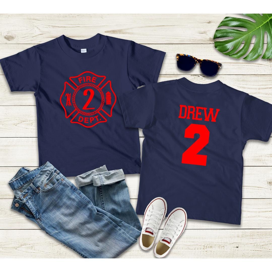 Personalized 2nd Birthday Fireman Shirt – Custom Fire Dept Tee with Name and Age – Firefighter Birthday Shirt – Fire Truck Party Outfit
