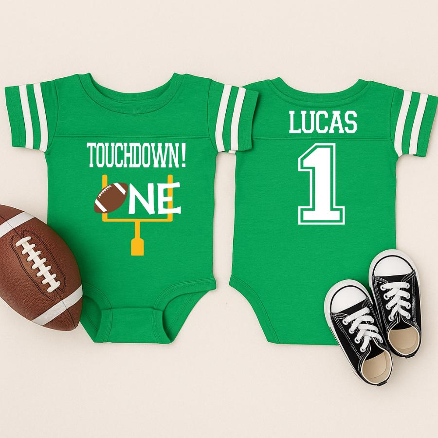 Touchdown ONE First Birthday β Football Theme 1st Birthday Outfit β Personalized Baby Boy Name & Number Shirt β One Year Football Party