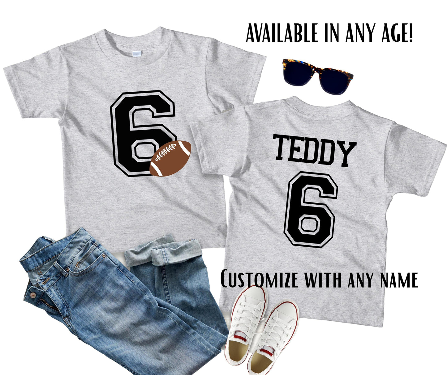 Personalized Football Birthday Shirt with Name & Age β Kids Sports Birthday Tee β Custom Number Shirt for Boys or Girls Party Outfit