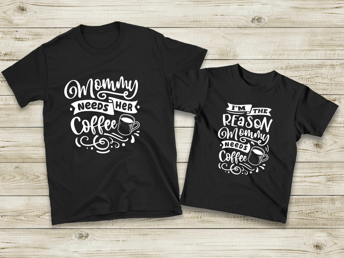Mommy needs coffee and Me Matching Shirts, Funny Mothers Day Matching Mom and Child shirts, Gifts for Mom from Kids - Purple Elephant MS