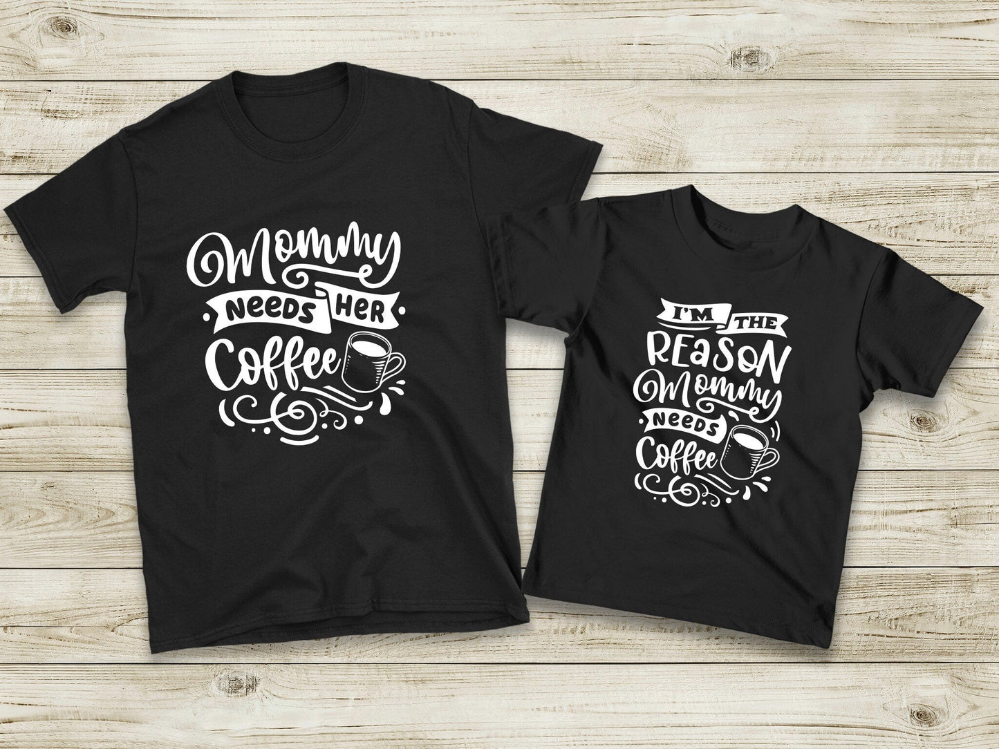 Mommy needs coffee and Me Matching Shirts, Funny Mothers Day Matching Mom and Child shirts, Gifts for Mom from Kids - Purple Elephant MS