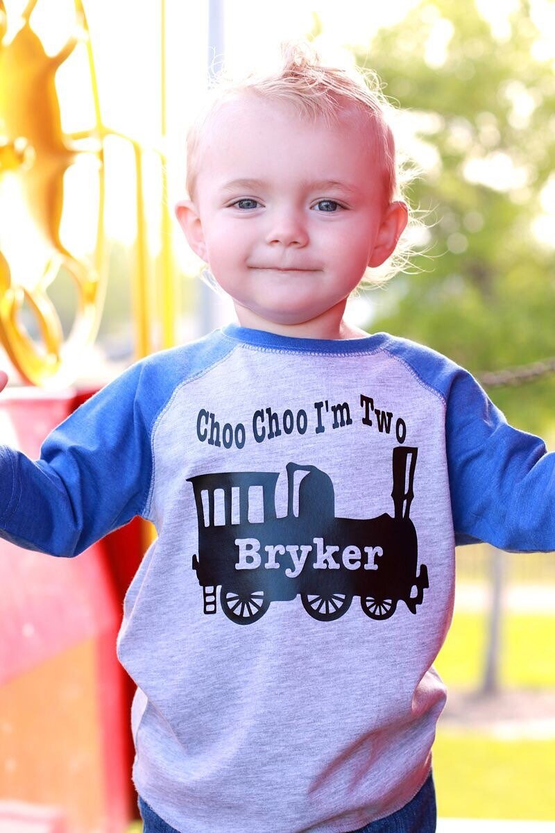 2nd birthday shirt, Choo Choo I'm 2 train shirt, train t-shirt, locomotive shirt, train birthday shirt, boys second birthday shirt - Purple Elephant MS