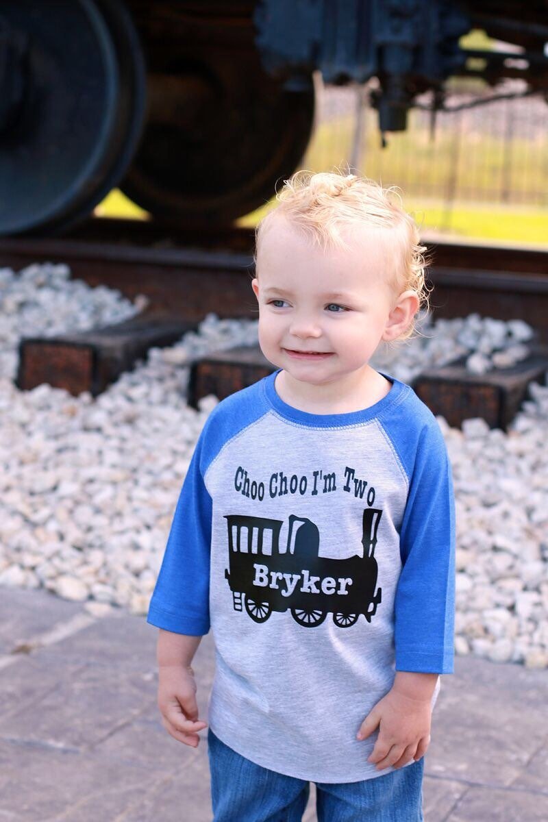 2nd birthday shirt, Choo Choo I'm 2 train shirt, train t-shirt, locomotive shirt, train birthday shirt, boys second birthday shirt - Purple Elephant MS