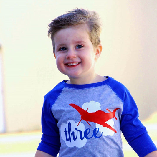 3rd Birthday Airplane Shirt, Air Plane Birthday Party Tee, Gift for 3 Year old Boy - Purple Elephant MS