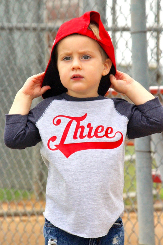 3rd birthday Sports Jersey Shirt, Gift for Boys, Baseball Birthday, All Star Sports Party, Third Bday Tee, Three Shirt - Purple Elephant MS