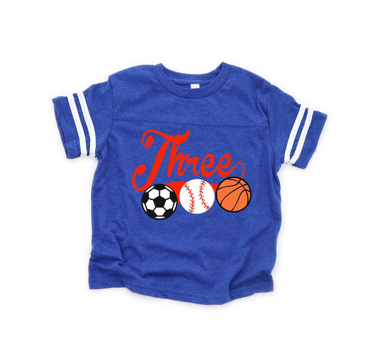 3rd Birthday Sports Shirt, 3rd Birthday Outfit, Personalized Sports themed youth birthday shirt, All Star Sports Birthday Theme - Purple Elephant MS