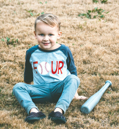 4th birthday Baseball Shirt, Four Shirt, Sports Party Tee, Gift for 4 Year Old - Purple Elephant MS