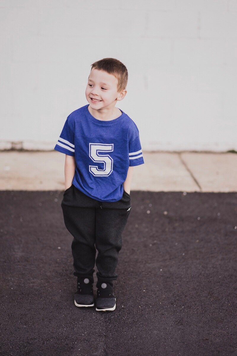 5th Birthday Football shirt, Sports Party Shirt, Gifts for older boys, Sports Jersey Style Shirt, Kids Football Tee - Purple Elephant MS