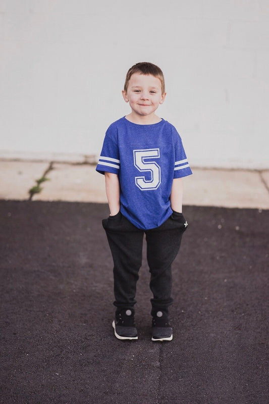 5th Birthday Football shirt, Sports Party Shirt, Gifts for older boys, Sports Jersey Style Shirt, Kids Football Tee - Purple Elephant MS