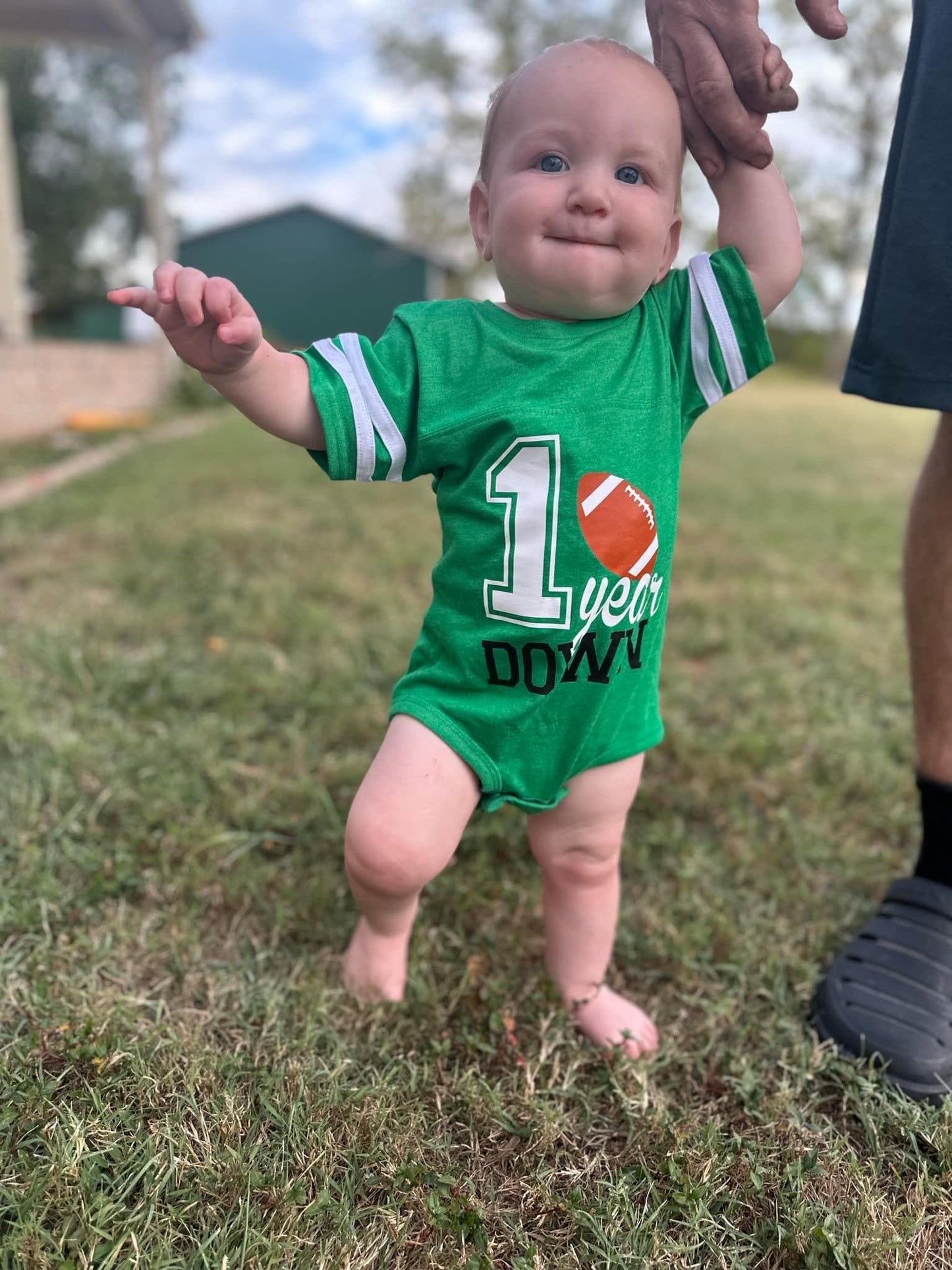 Baby's First Birthday Apparel, Green and Brown Football Design, Toddler Sports Theme Bodysuit, Family Photo Outfit - Purple Elephant MS