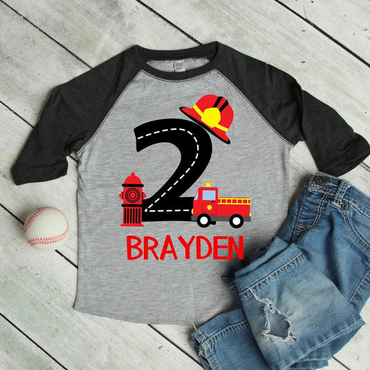 Boys 2nd Birthday Firetruck Birthday Shirt, Fireman Party, Two Shirt, Sound the Alarm - Purple Elephant MS