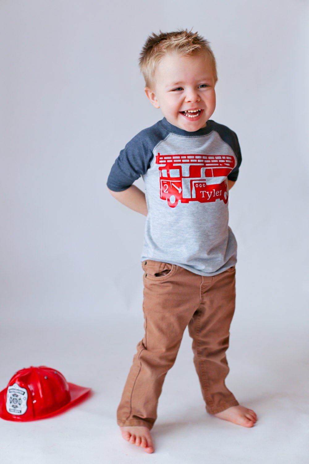 Boys 2nd Birthday Firetruck birthday shirt, Personalized Fire Engine Shirt - Purple Elephant MS