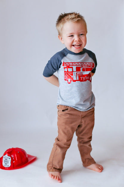 Boys 2nd Birthday Firetruck birthday shirt, Personalized Fire Engine Shirt - Purple Elephant MS