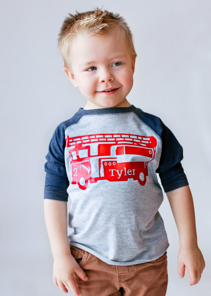 Boys 2nd Birthday Firetruck birthday shirt, Personalized Fire Engine Shirt - Purple Elephant MS