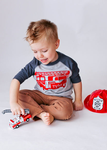 Boys 2nd Birthday Firetruck birthday shirt, Personalized Fire Engine Shirt - Purple Elephant MS