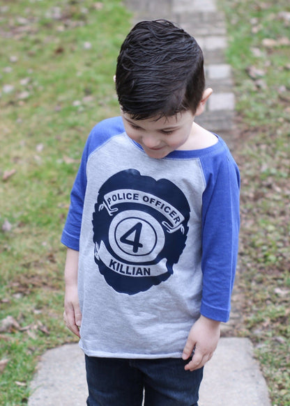 Custom 4th Birthday Police Raglan Tee for Boys with Name - Purple Elephant MS