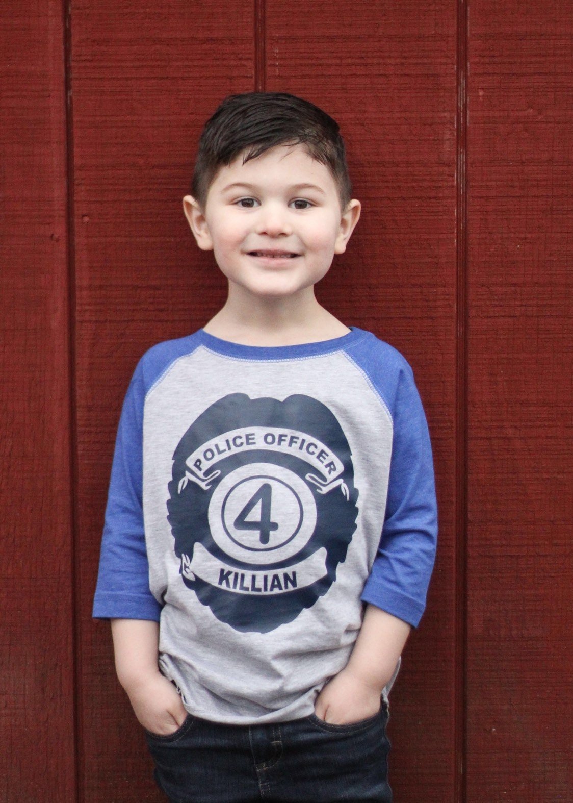 Custom 4th Birthday Police Raglan Tee for Boys with Name - Purple Elephant MS