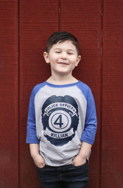 Custom 4th Birthday Police Raglan Tee for Boys with Name - Purple Elephant MS