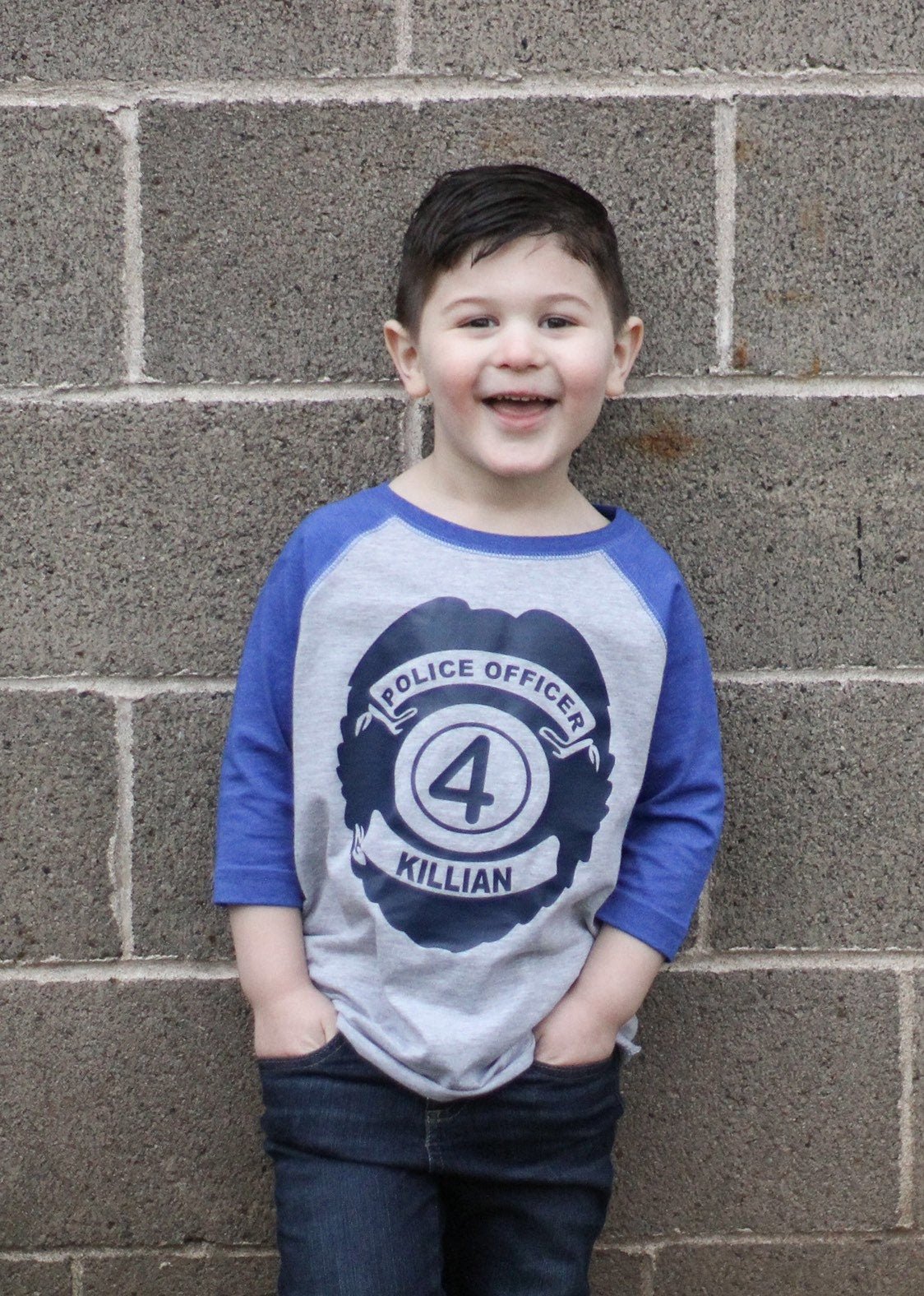 Custom 4th Birthday Police Raglan Tee for Boys with Name - Purple Elephant MS