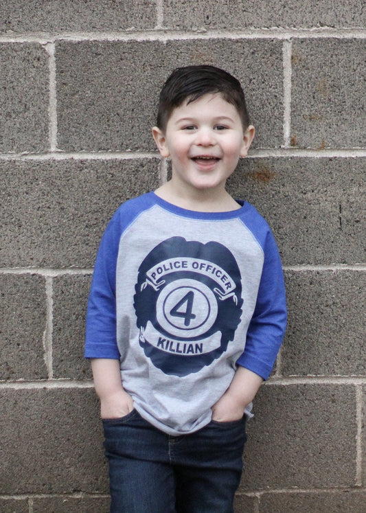 Custom 4th Birthday Police Raglan Tee for Boys with Name - Purple Elephant MS