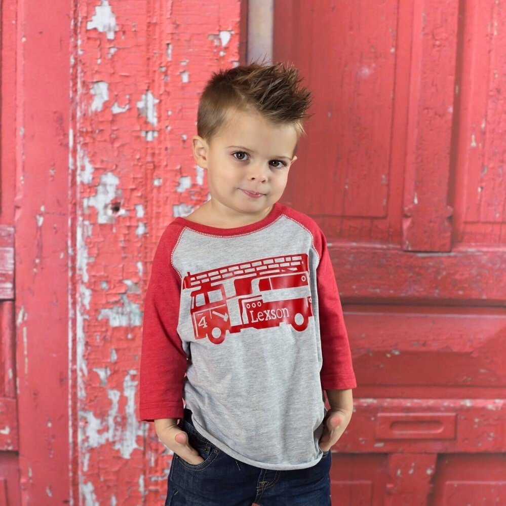 Firetruck Birthday Shirt for Boys Any Age - Firefighter Party Gift - Purple Elephant MS