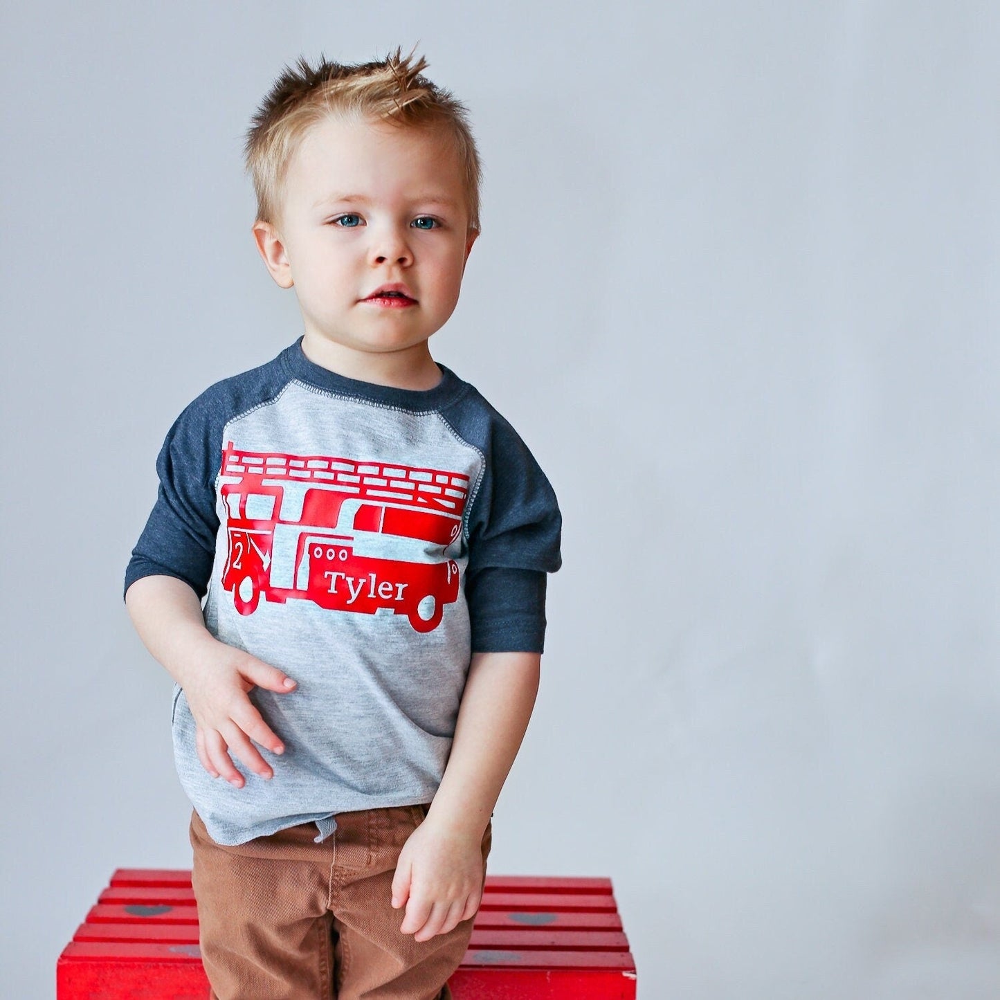 Firetruck Birthday Shirt for Boys Any Age - Firefighter Party Gift - Purple Elephant MS