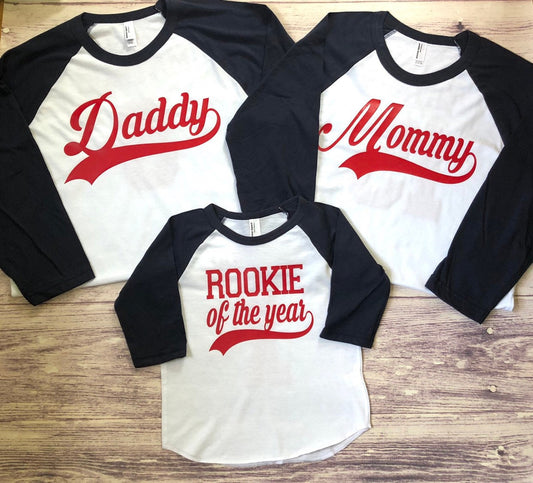 Rookie of the Year First Birthday Family Baseball shirts, Matching Mommy and Daddy of the Rookie Shirts