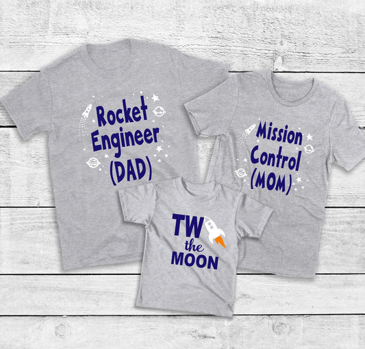 Matching Family Space Theme Birthday Shirts - "TWO the Moon" 2nd Birthday Outfits for Mom, Dad & Toddler
