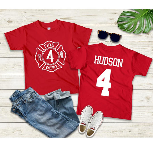 4th Birthday Fireman Shirt with Name | Personalized Firefighter Birthday Tee | Custom Age Back Print | Kids Fire Truck Party Shirt