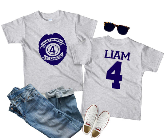 Personalized Police 4th Birthday Shirt – Custom City, State, Name & Age – Toddler Cop Party Tee – Law Enforcement Birthday Outfit
