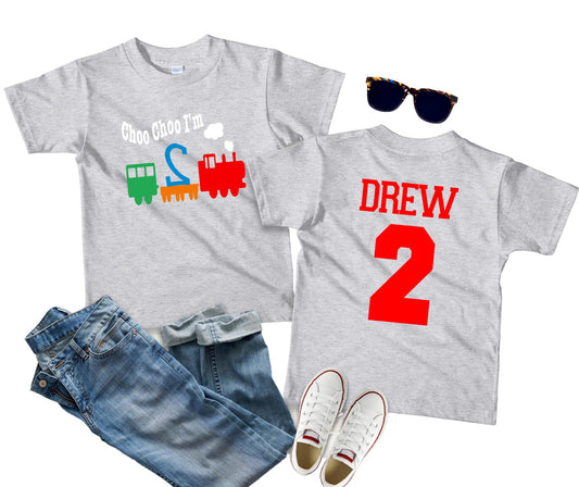 Personalized Train Birthday Shirt – Choo Choo I’m 2 Kids Name & Age Shirt – Custom Toddler Train Birthday Outfit – Boys Birthday T-Shirt