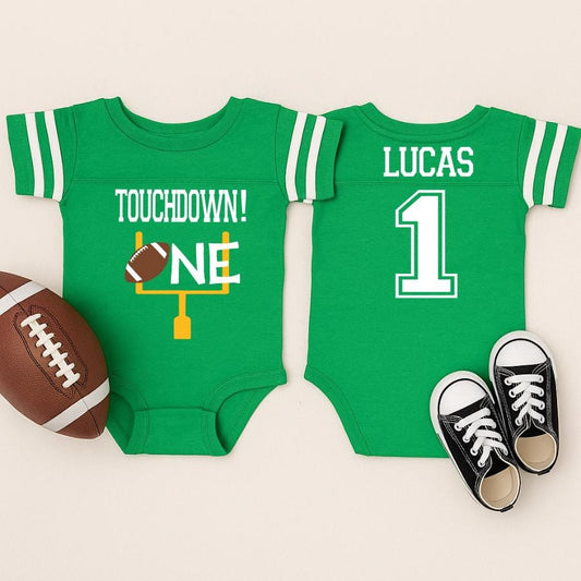 Touchdown ONE First Birthday – Football Theme 1st Birthday Outfit – Personalized Baby Boy Name & Number Shirt – One Year Football Party