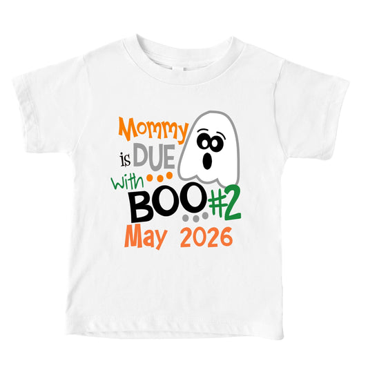 Mommy Is Due with Boo #2 Shirt – Halloween Pregnancy Announcement – Toddler Big Sibling Ghost Tee – Due in 2026