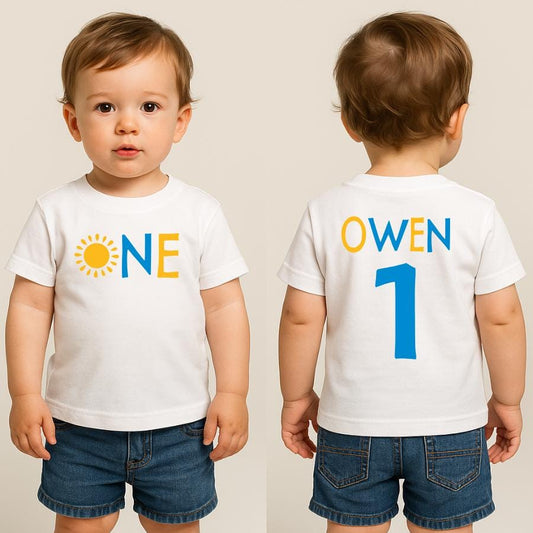 First Birthday Shirt with Name and Number – Personalized Sun Theme 1st Birthday Outfit – Baby Boy One Year Old Birthday Tee