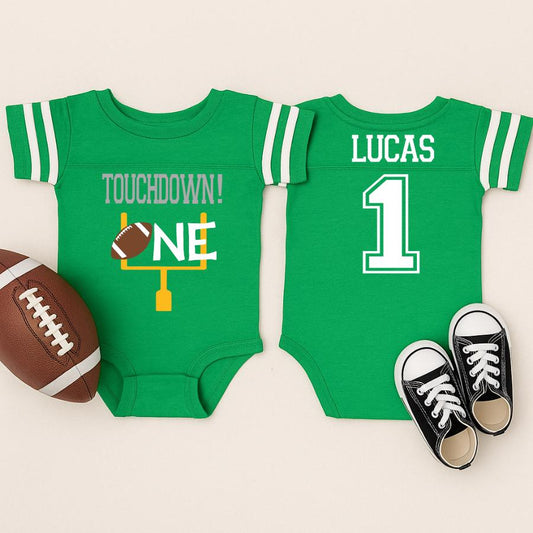 Touchdown ONE First Birthday – Football Theme 1st Birthday Outfit – Personalized Baby Boy Name & Number Shirt – One Year Football Party