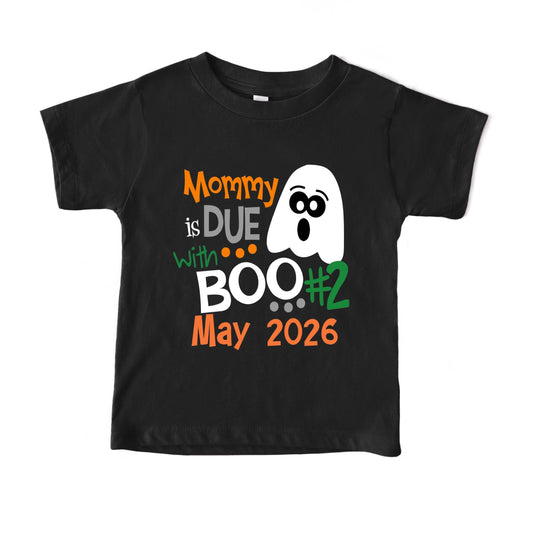 Mommy Is Due with Boo #2 Shirt – Halloween Pregnancy Announcement – Toddler Big Sibling Ghost Tee – Due in 2026