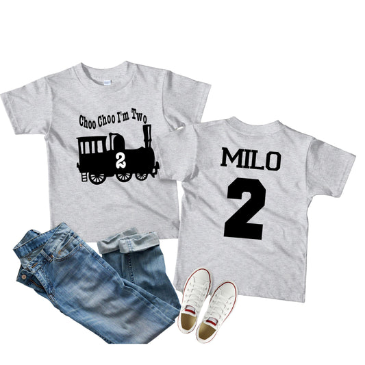 Personalized Train Birthday Shirt – Choo Choo I’m Two – Custom Name & Age – Toddler Boys Birthday Party Outfit – Any Age Available