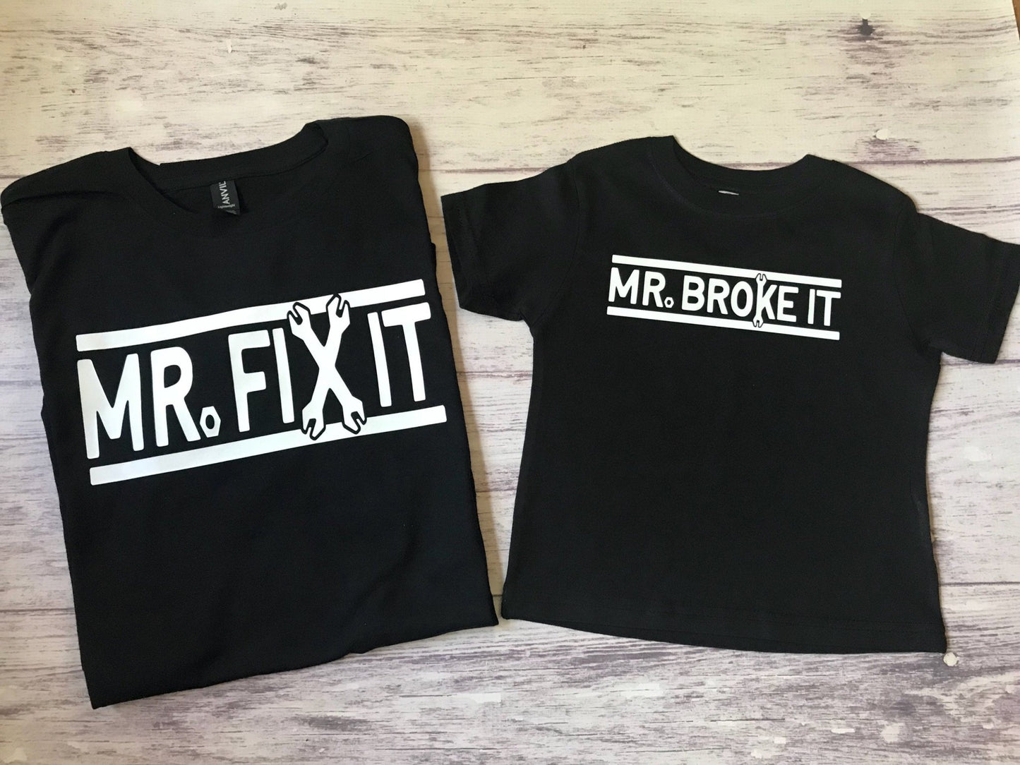 Mr Fix it, Mr Broke it, matching father son shirts - Purple Elephant MS