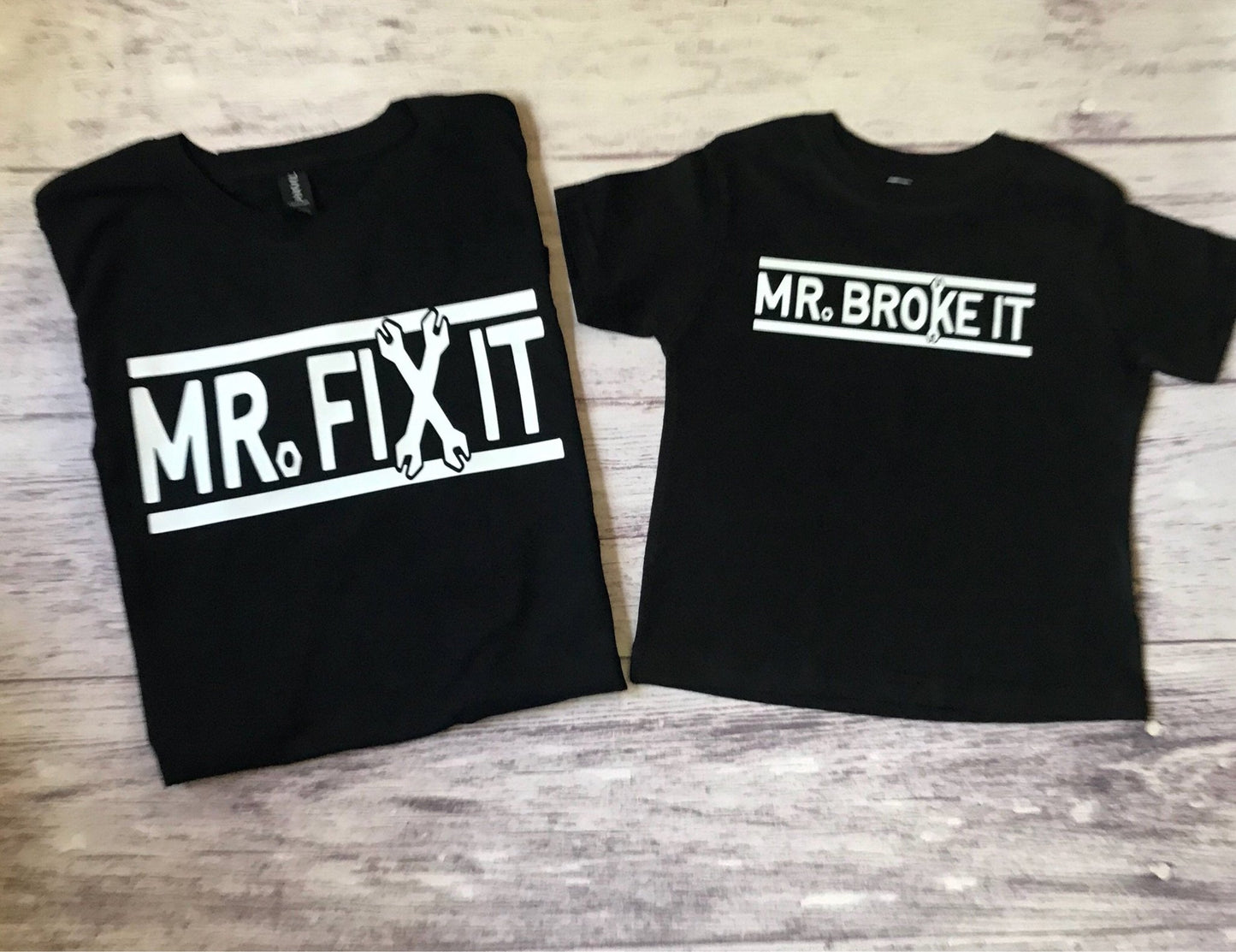 Mr Fix it, Mr Broke it, matching father son shirts - Purple Elephant MS