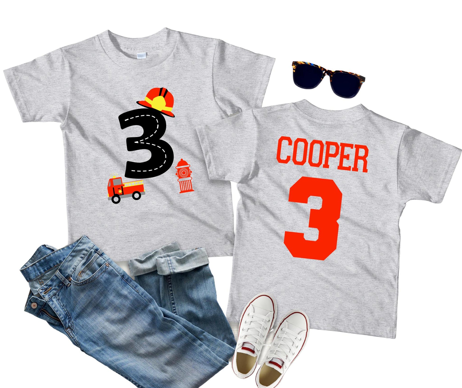 Personalized Fireman Birthday Shirt - Third Birthday, Available for Any Age! 3rd Birthday Firefighter Tee, Sound the Alarm Party - Purple Elephant MS